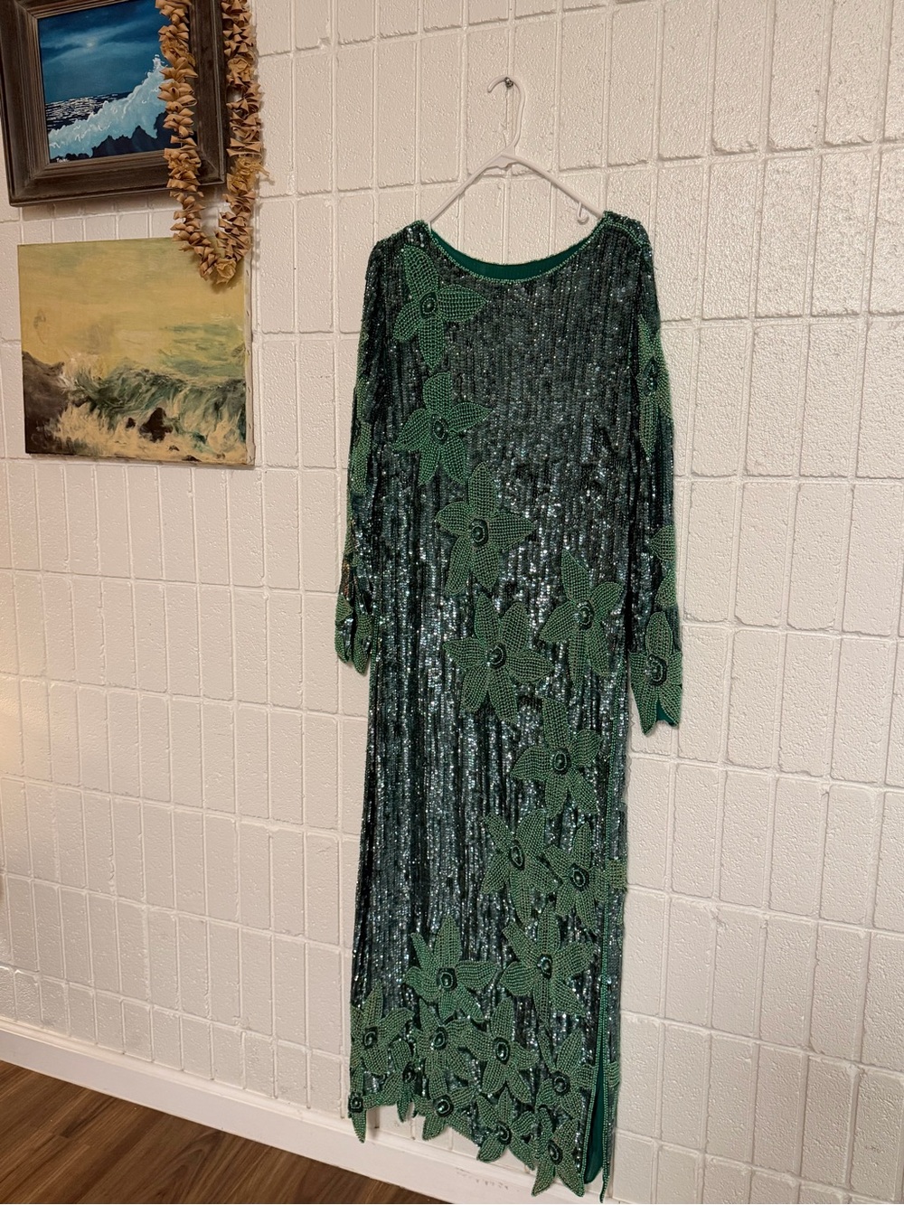 Vintage Green Sequin Floral Column Evening Gown